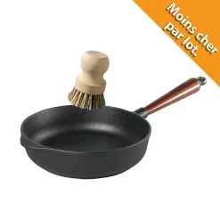 Poêle Sauteuse En Fonte Ø 24 Cm - Poignée Hêtre +Brosse De Nettoyage